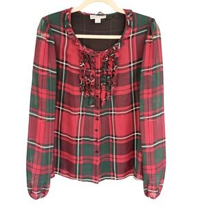 A6 Pendleton Silk Plaid Ruffle Front Long Sleeve Blouse Top Size 8 Red Green‎